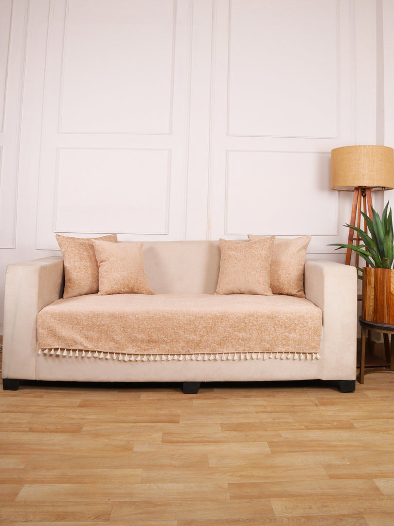Beige Chenille Sofa Cover 70x30 Inch – Soft, Durable & Textured Fabric with Tassels | Sofa for Living Room, Bedroom, or Drawing Room