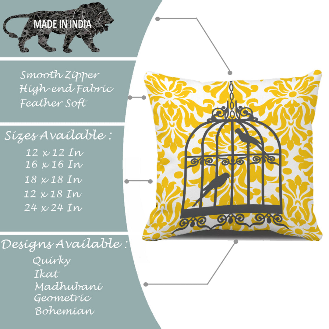 Soft Touch Luxurious Yellow Bird Printed Cotton Canvas Cushion Cover Set of 2