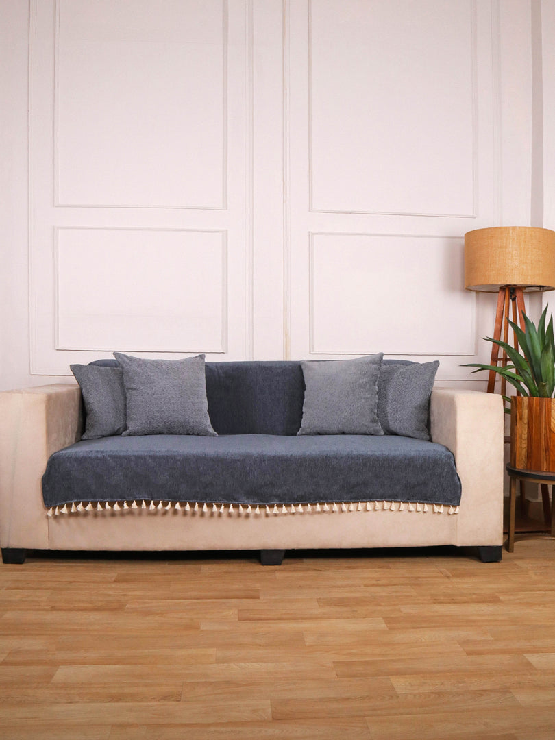 Beige Chenille Sofa Cover 24x60 Inch – Soft, Durable & Textured Fabric with Tassels | Full Coverage Sofa for Living Room, Bedroom, or Drawing Room