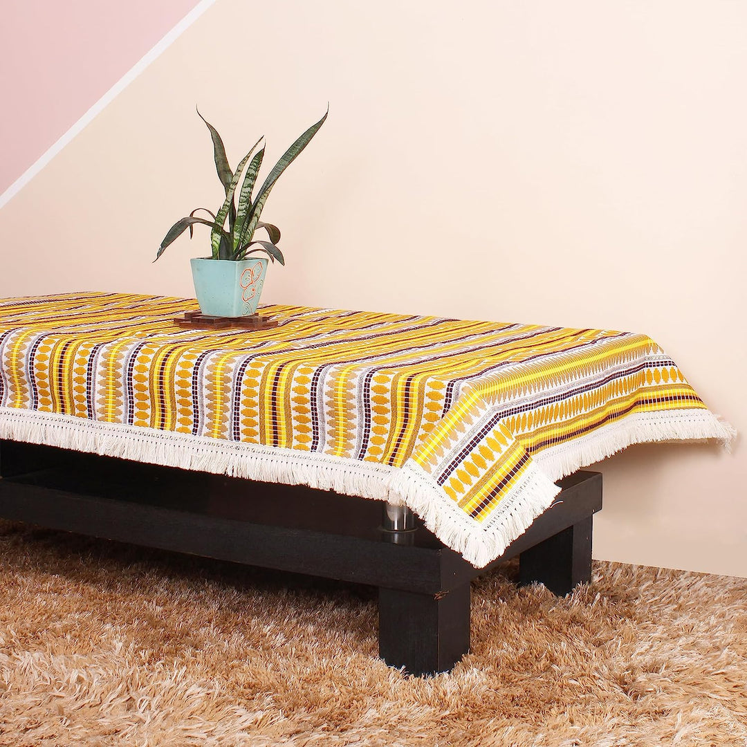 Aztec Yellow Woven Fabric Table Cover with Lace