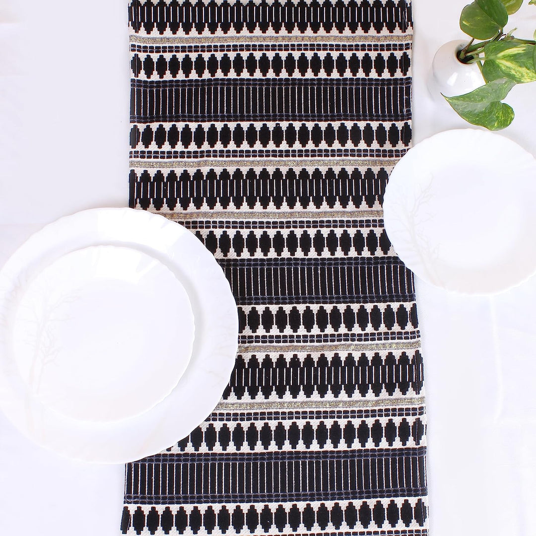 Aztec Black Woven Fabric Table Runner with Tassel