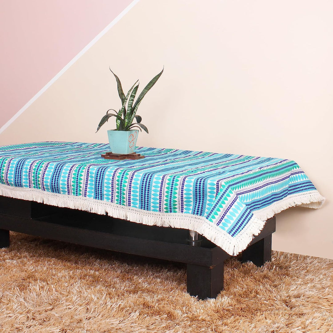Aztec Blue Woven Fabric Table Cover with Lace