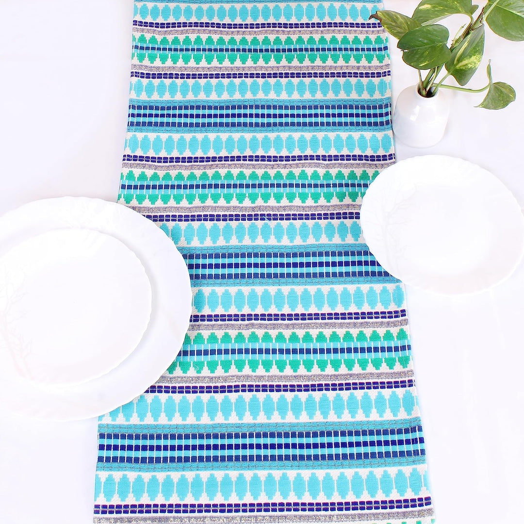 Aztec Blue Woven Fabric Table Runner with Tassel