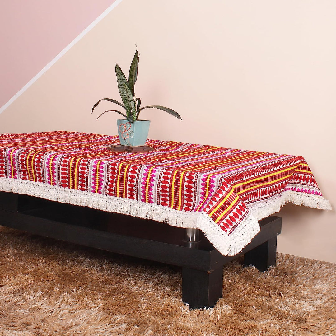 Aztec Red Woven Fabric Table Cover with Lace