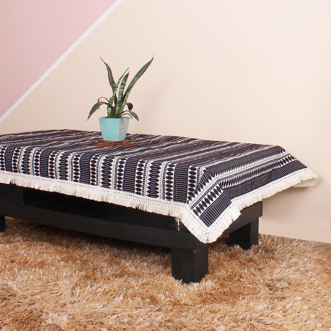 Aztec Black Woven Fabric Table Cover with Lace