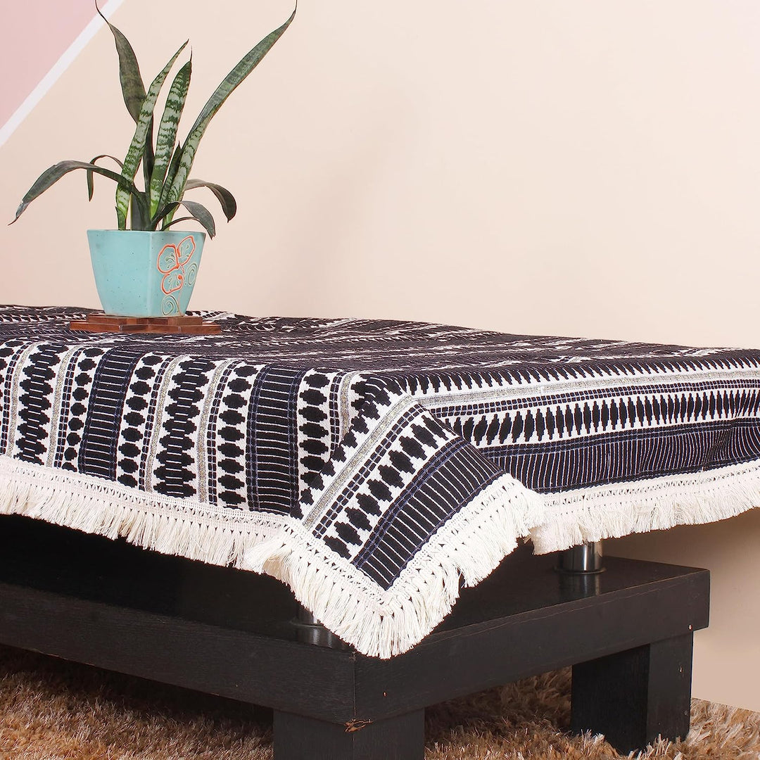 Aztec Black Woven Fabric Table Cover with Lace