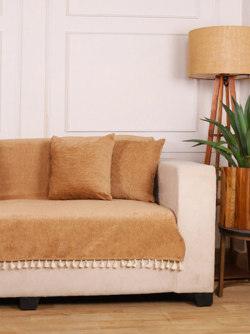Beige Chenille Sofa Cover 48x60 Inch – Soft, Durable & Textured Fabric with Tassels | Full Coverage   Sofa for Living Room, Bedroom, or Drawing Room