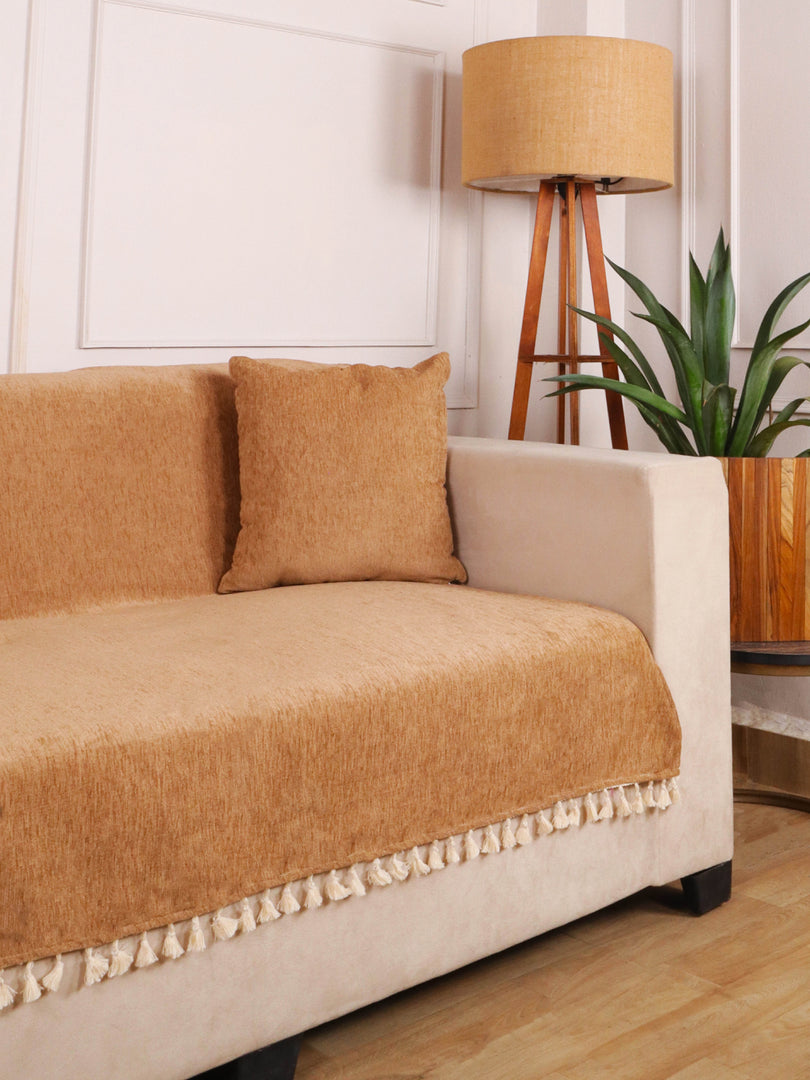 Beige Chenille Sofa Cover 48x60 Inch – Soft, Durable & Textured Fabric with Tassels | Full Coverage   Sofa for Living Room, Bedroom, or Drawing Room