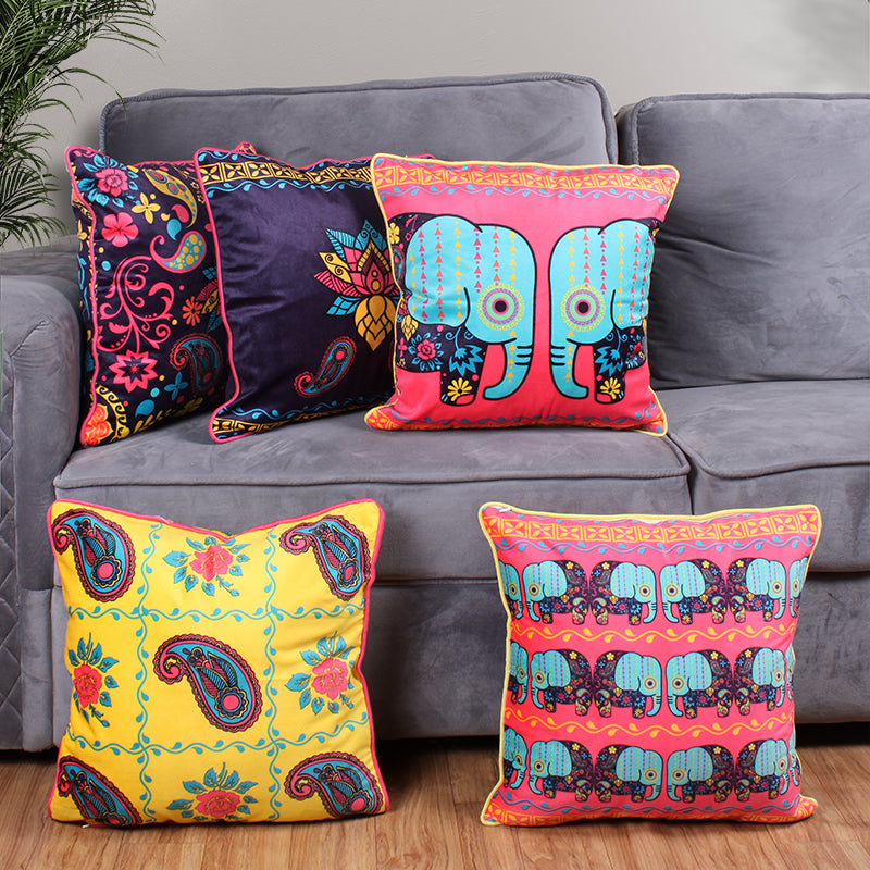 Paisley Elephant Both Sided Printed Velvet Cushion Cover with Piping (Set of 5)