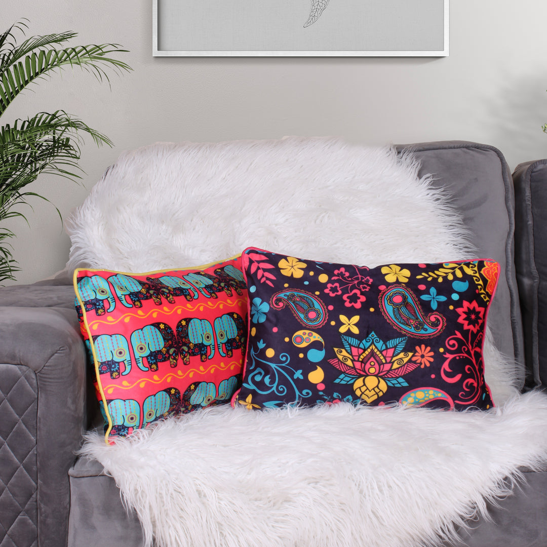 Paisley Elephant Both Sided Printed Velvet Rectagular Cushion Cover with Piping (Set of 2)