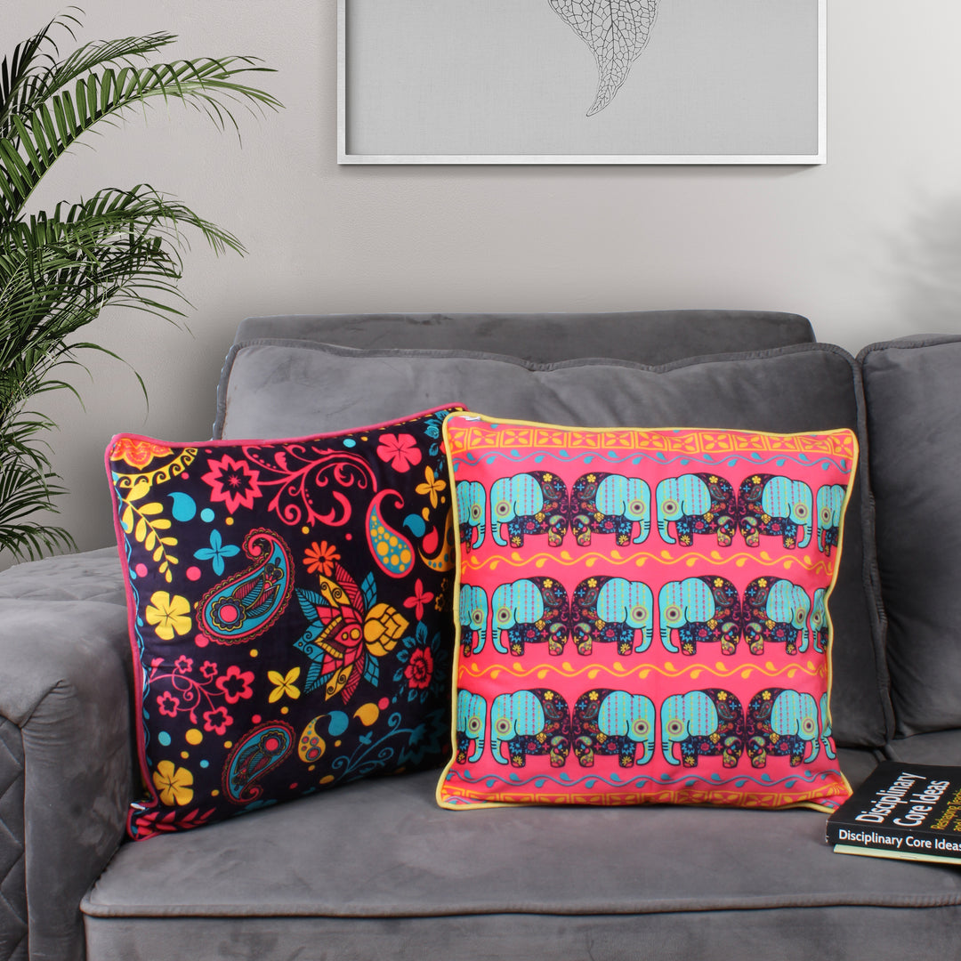 Paisley Elephant Both Sided Printed Velvet Cushion Cover with Piping (Set of 2)