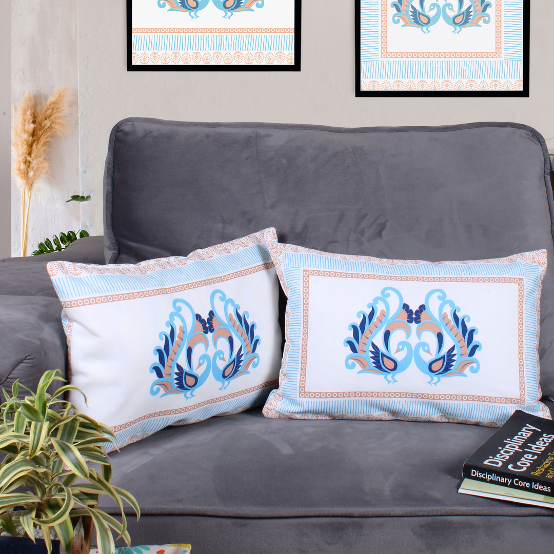 Both Side Block Print Peacock Cushion Cover Set of 2 ( 12 X 18 Inches )