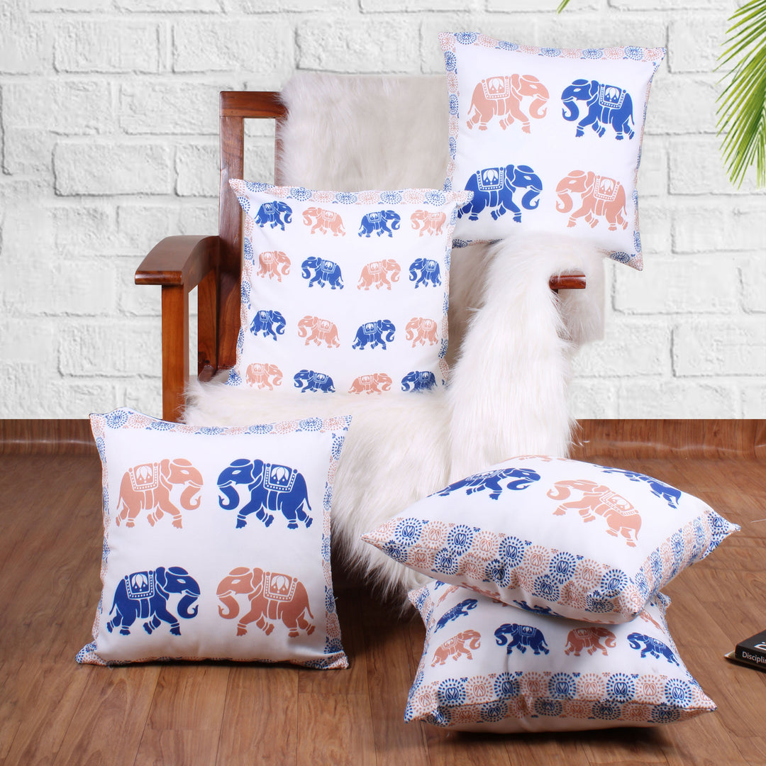 Both Side Block Print Elephant Cushion Cover Set of 5