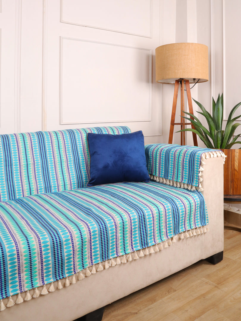 Blue Jacquard 3-Seater Sofa Cover
