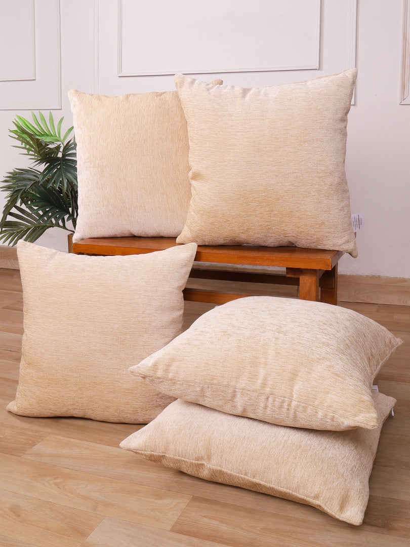 Chenille Cushion Covers Set of 5 – 16x16 Inches Soft Velvet-Feel Textured Covers for Sofa, Couch, Bed, Living Room, Home, Office & Lounge Decor – Durable & Machine Washable (Light Beige)