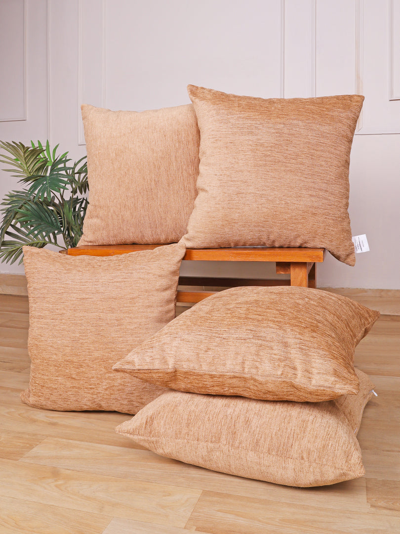 Chenille Cushion Covers Set of 5 – 12x12 Inches Soft Velvet-Feel Textured Covers for Sofa, Couch, Bed, Living Room, Home, Office & Lounge Decor – Durable & Machine Washable (Dark Beige)