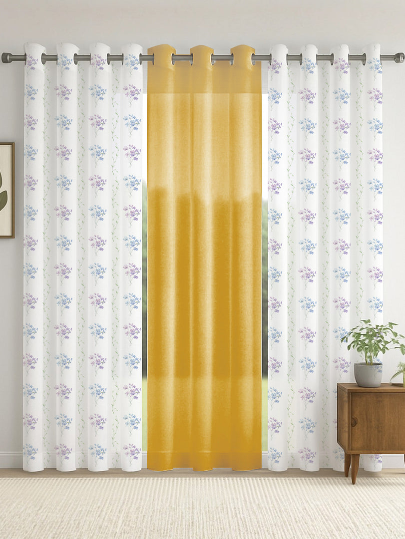 Set of 3 Door Curtains | 2 Geometric Printed + 1 Solid Sheer for Bedroom Living room | Yellow