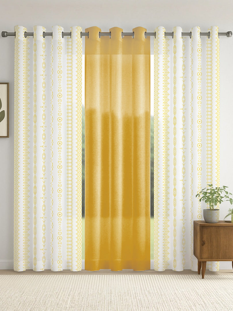 Set of 3 Window Curtains | 2 Geometric Printed + 1 Solid Sheer for Bedroom Living room | Yellow