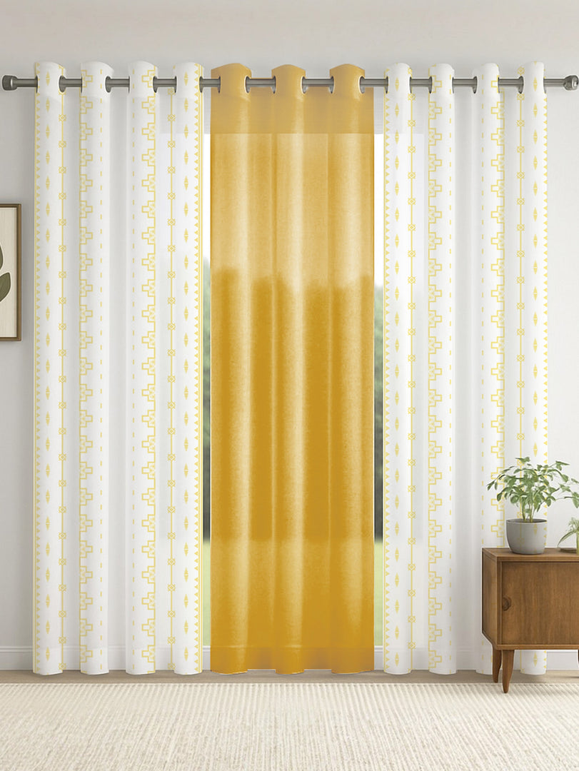 Set of 3 Door Curtains | 2 Geometric Printed + 1 Solid Sheer for Bedroom Living room | Yellow