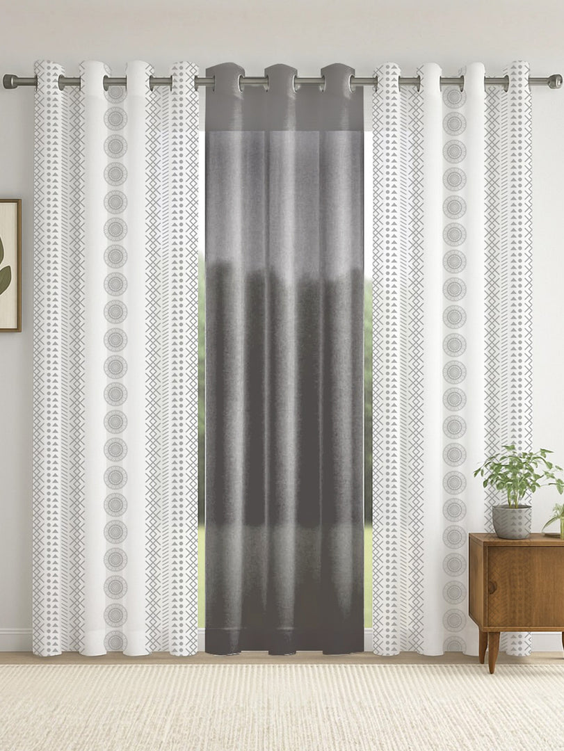 Set of 3 Door Curtains | 2 Geometric Printed + 1 Solid Sheer for Bedroom Living room | Grey