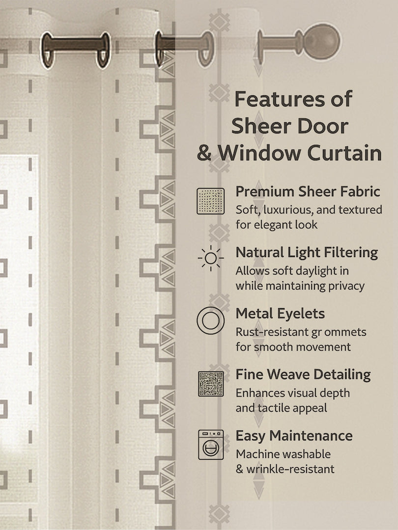 Set of 3 Door Curtains | 2 Geometric Printed + 1 Solid Sheer for Bedroom Living room | Grey