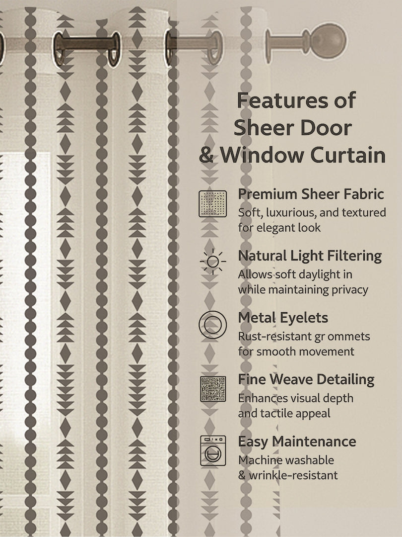 Set of 3 Door Curtains | 2 Geometric Printed + 1 Solid Sheer for Bedroom Living room | Grey