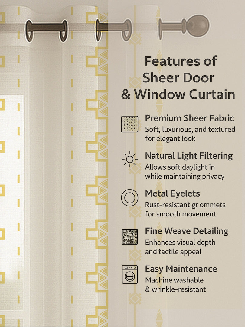 Set of 3 Door Curtains | 2 Geometric Printed + 1 Solid Sheer for Bedroom Living room | Yellow