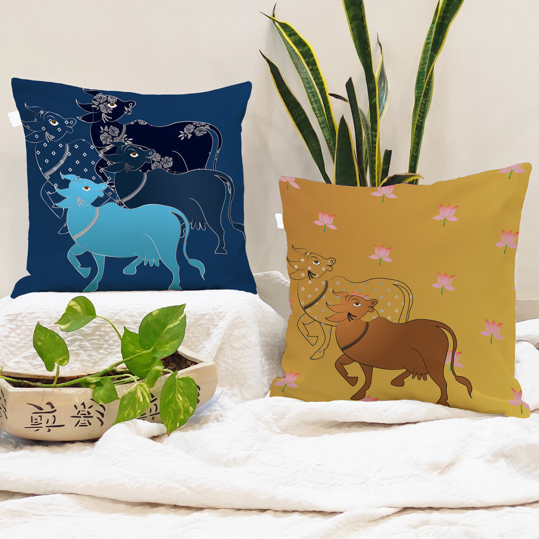Cow Printed Cotton Canvas Cushion Cover Set of 2