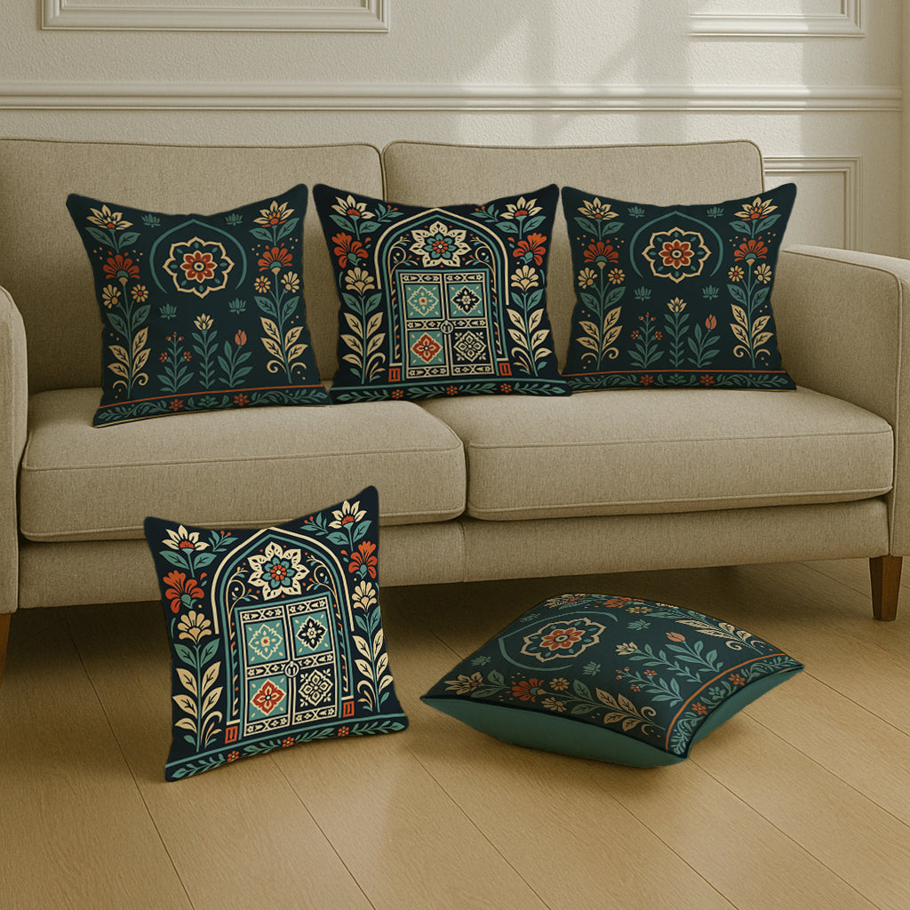 Satin Rajasthani Haveli Door & Floral Arch Design Cushion Covers| 16x16 Inches | Set of 5