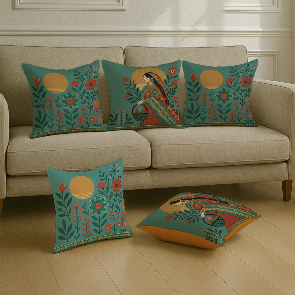 Satin Elegant Woman in Saree with Basket & Flowers Cushion Covers | 16x16 Inches | Set of 5