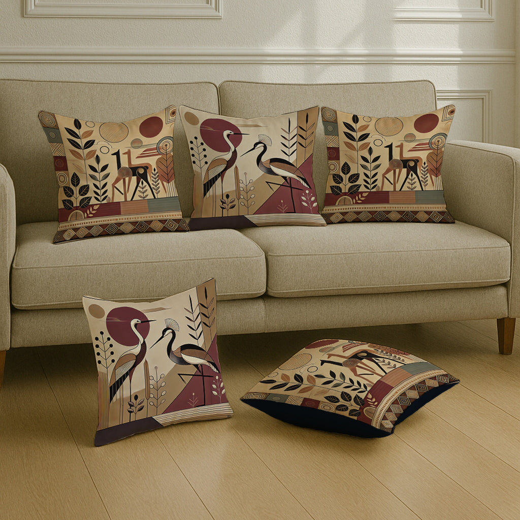 Satin Cranes with Tribal Botanical Motifs in Earthy Tones Cushion Covers | 16x16 Inches |Set of 5