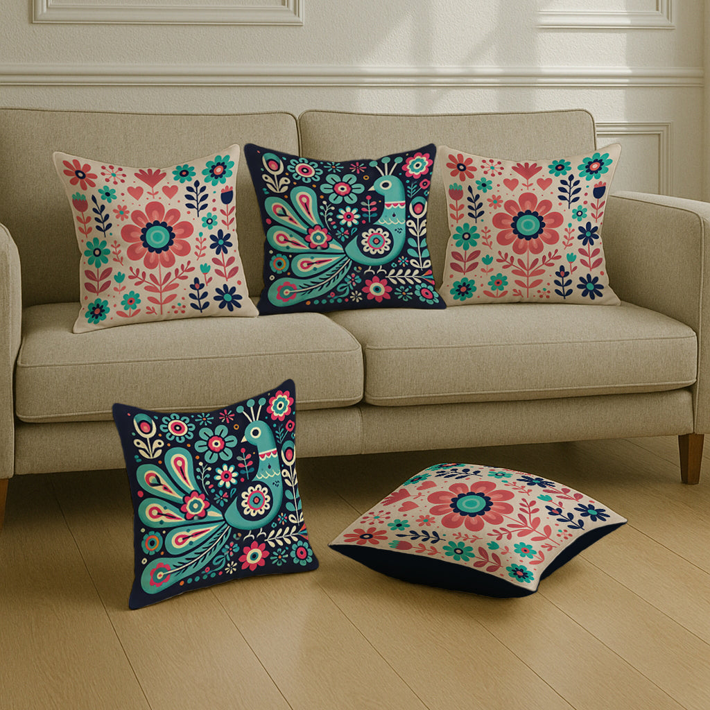 Satin Folk Art Peacock & Botanical Motif Cushion Covers | 16x16 Inches | Set of 5