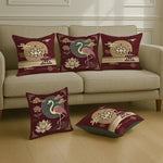 Load image into Gallery viewer, Satin Oriental Flamingo & Lotus Print in Maroon and Gold Cushion Covers | 16x16 Inches | Set of 5