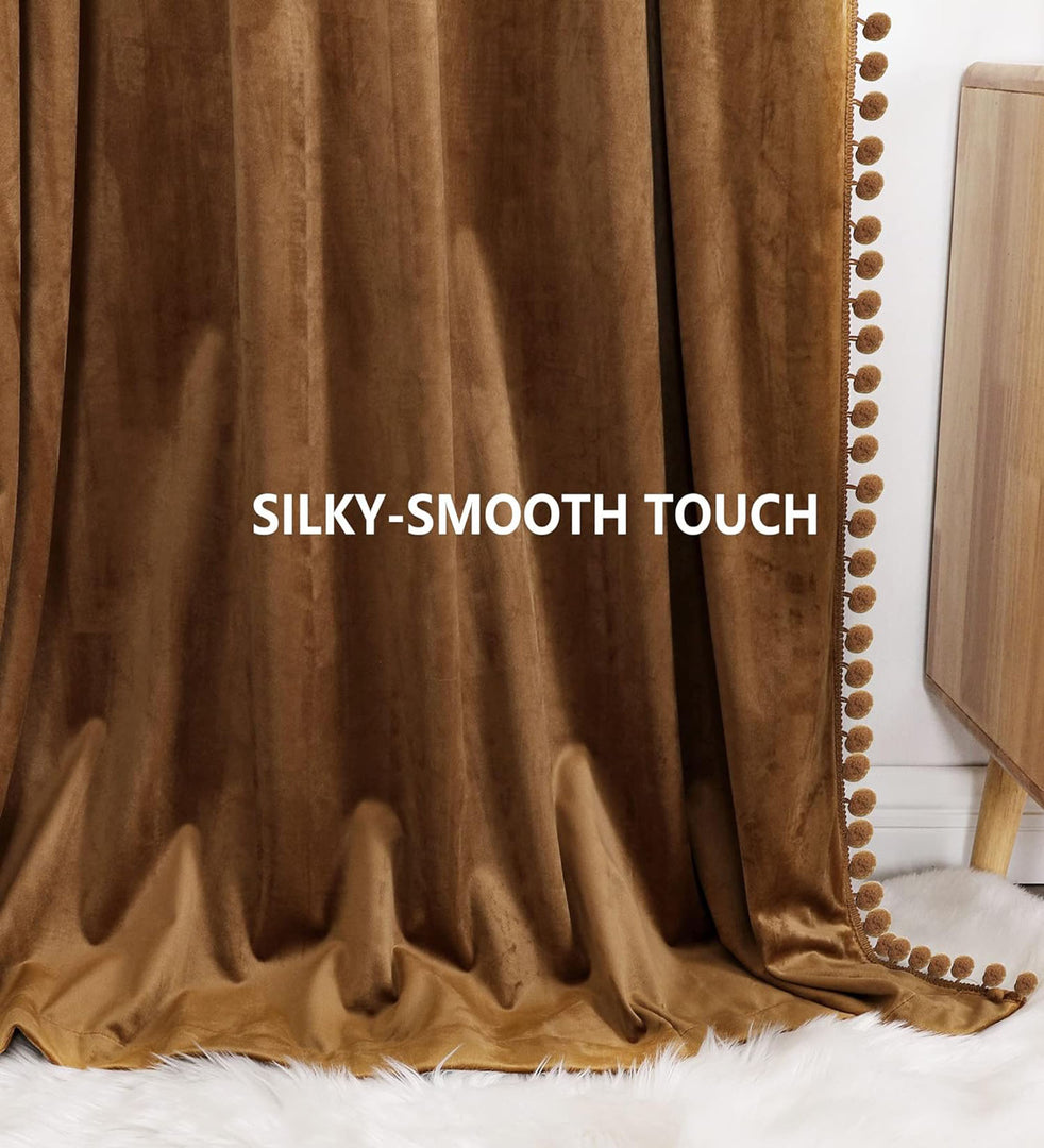 Smooth Textured Velvet Curtains, Premium & Elegant Door Curtains with Tieback and Eyelets (Brown)