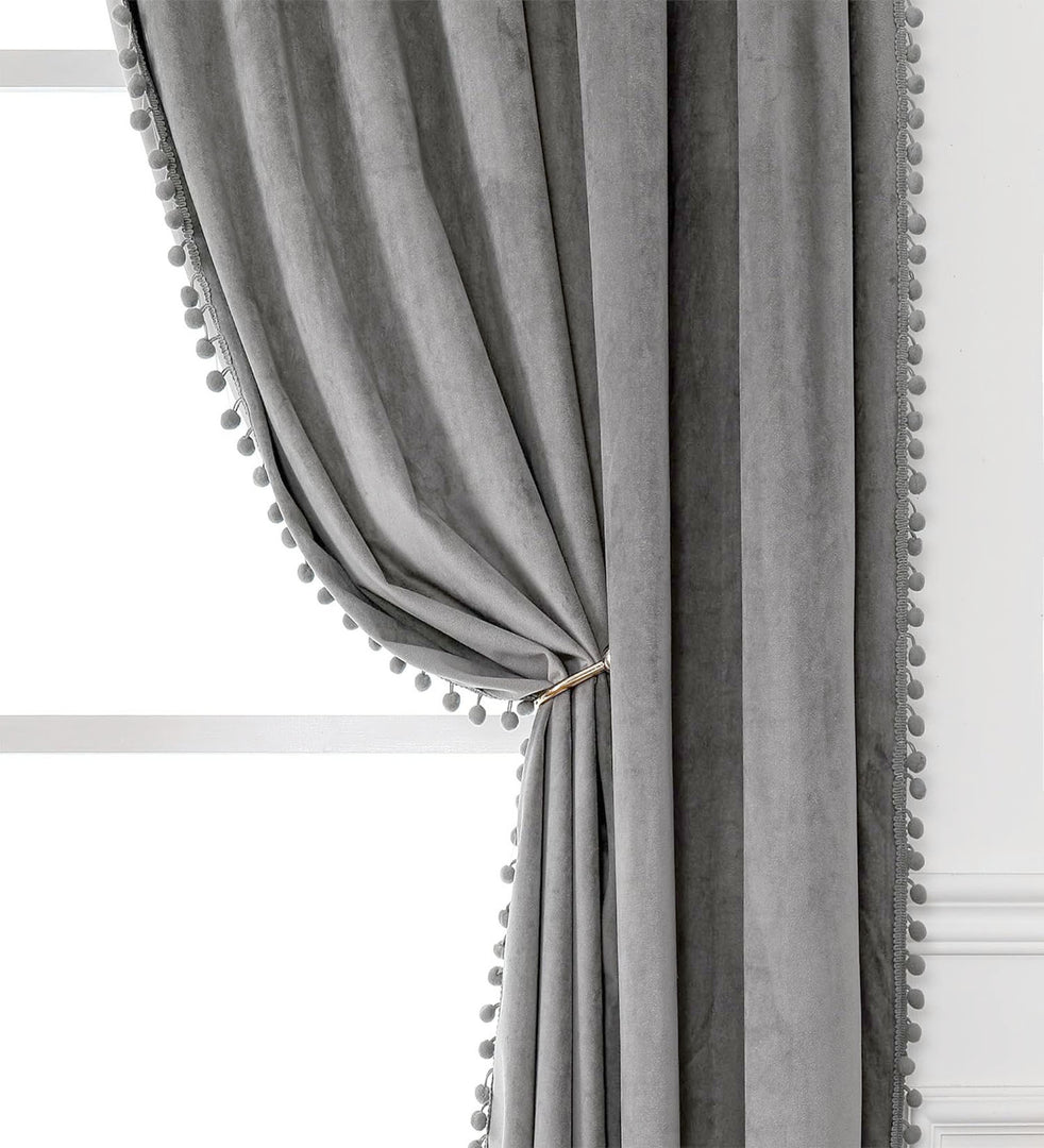 Smooth Textured Velvet Curtains, Premium & Elegant Door Curtains with Tieback and Eyelets (Grey)