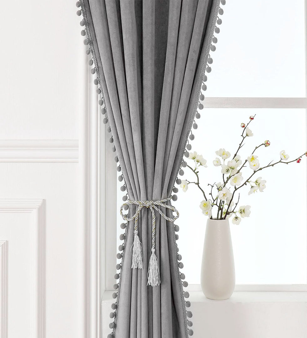 Smooth Textured Velvet Curtains, Premium & Elegant Door Curtains with Tieback and Eyelets (Grey)