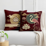 Load image into Gallery viewer, Satin Oriental Flamingo & Lotus Print in Maroon and Gold Cushion Covers | 16x16 Inches | Set of 2