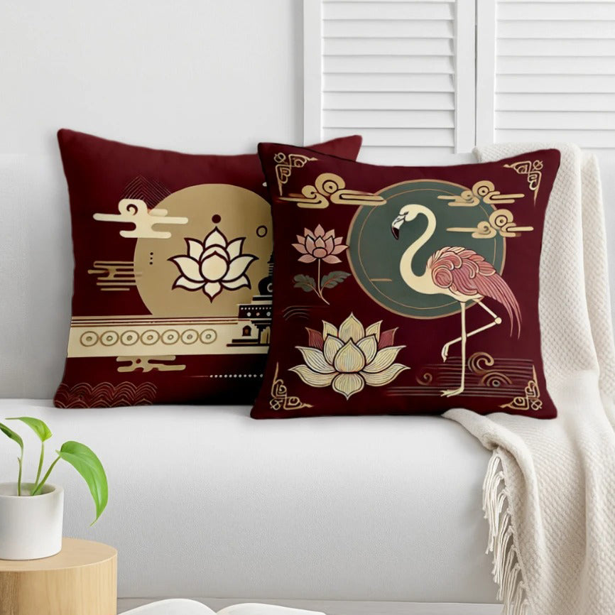 Satin Oriental Flamingo & Lotus Print in Maroon and Gold Cushion Covers | 16x16 Inches | Set of 2