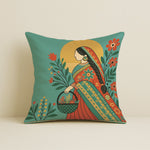 Load image into Gallery viewer, Satin Elegant Woman in Saree with Basket & Flowers Cushion Covers | 24x24 Inches | Set of 2