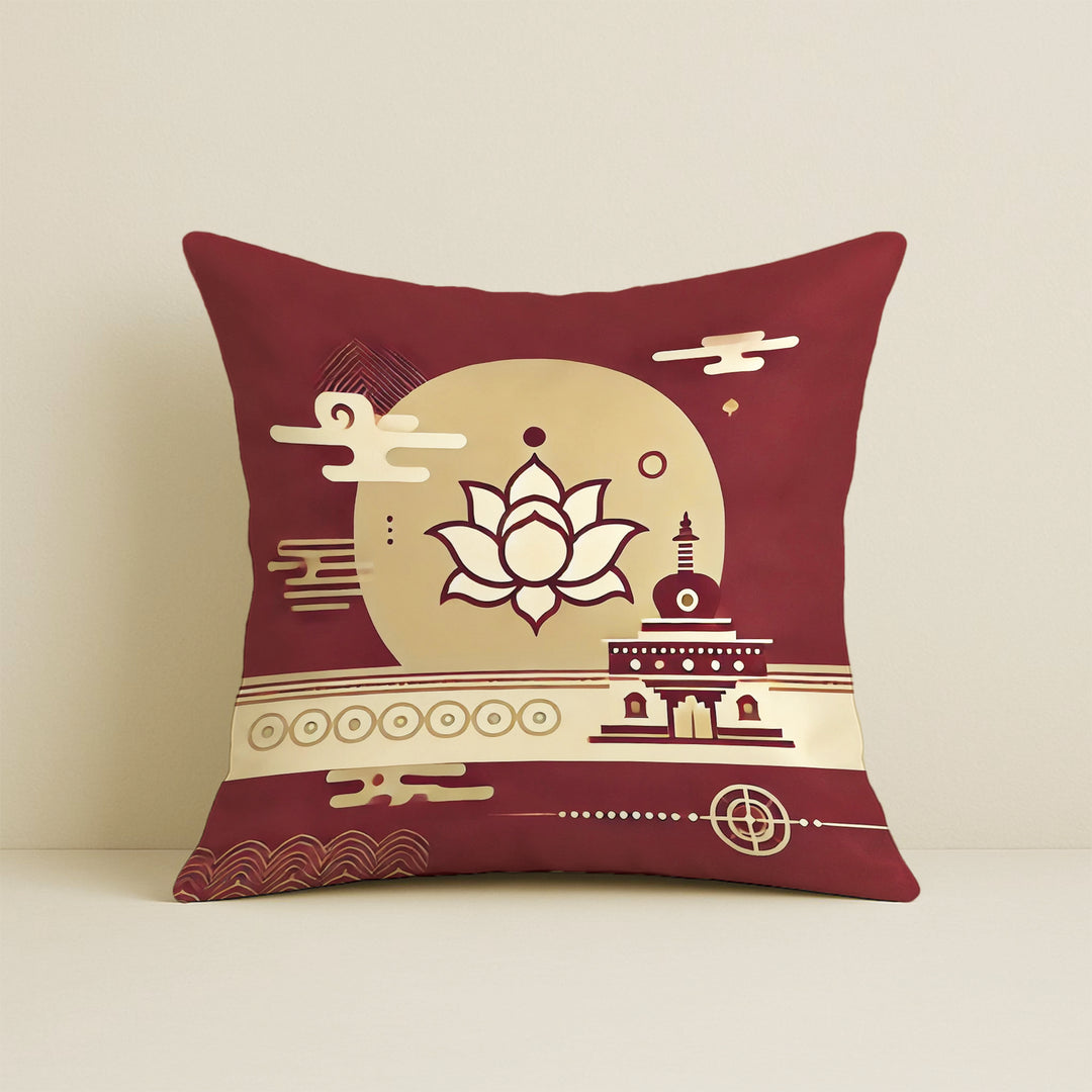 Satin Oriental Flamingo & Lotus Print in Maroon and Gold Cushion Covers | 16x16 Inches | Set of 5