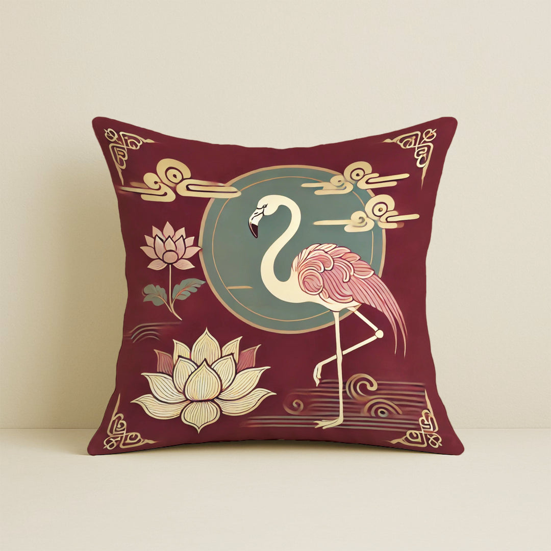 Satin Oriental Flamingo & Lotus Print in Maroon and Gold Cushion Covers | 16x16 Inches | Set of 5