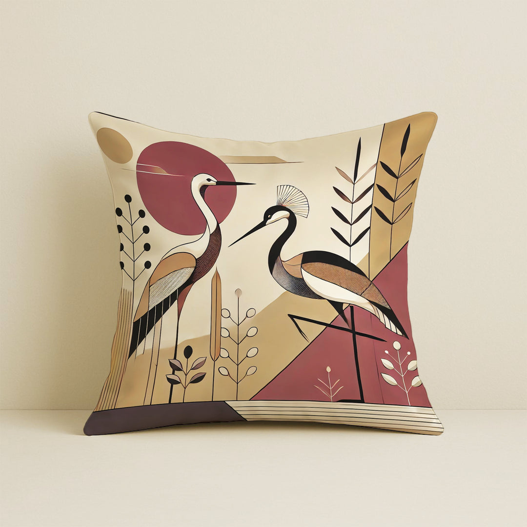 Satin Cranes with Tribal Botanical Motifs in Earthy Tones Cushion Covers | 16x16 Inches |Set of 5
