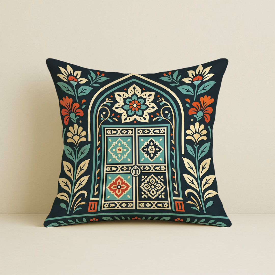 Satin Rajasthani Haveli Door & Floral Arch Design Cushion Covers| 16x16 Inches | Set of 2