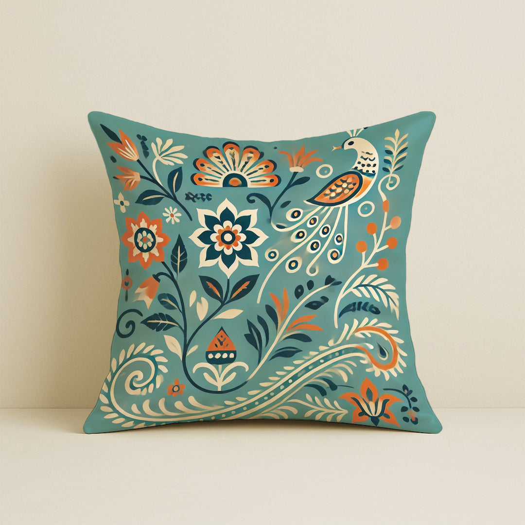 Satin Cushion Covers with Twin Peacock & Floral Motif | 24x24 Inches | Set of 2