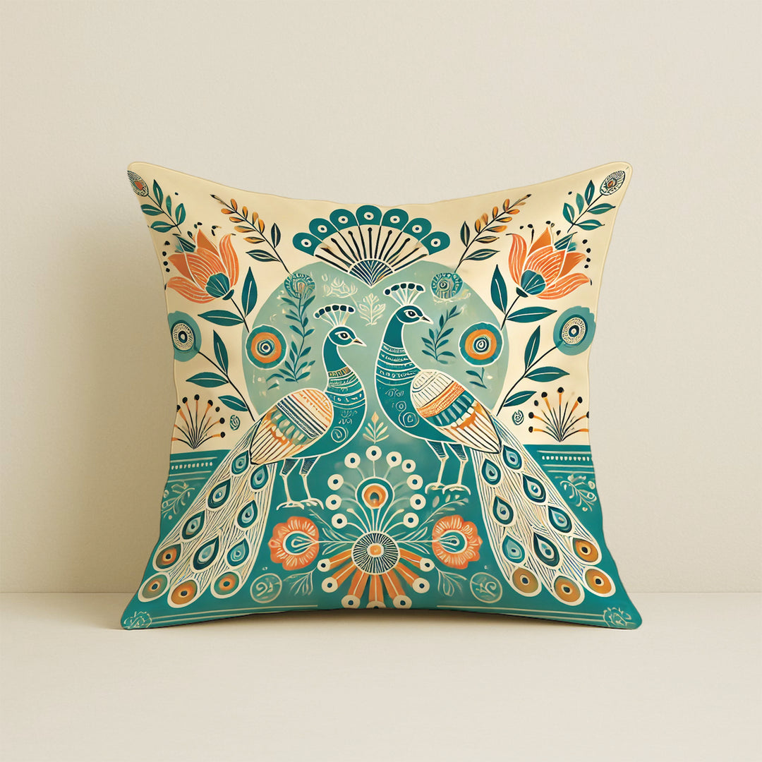 Satin Cushion Covers with Twin Peacock & Floral Motif | 24x24 Inches | Set of 2
