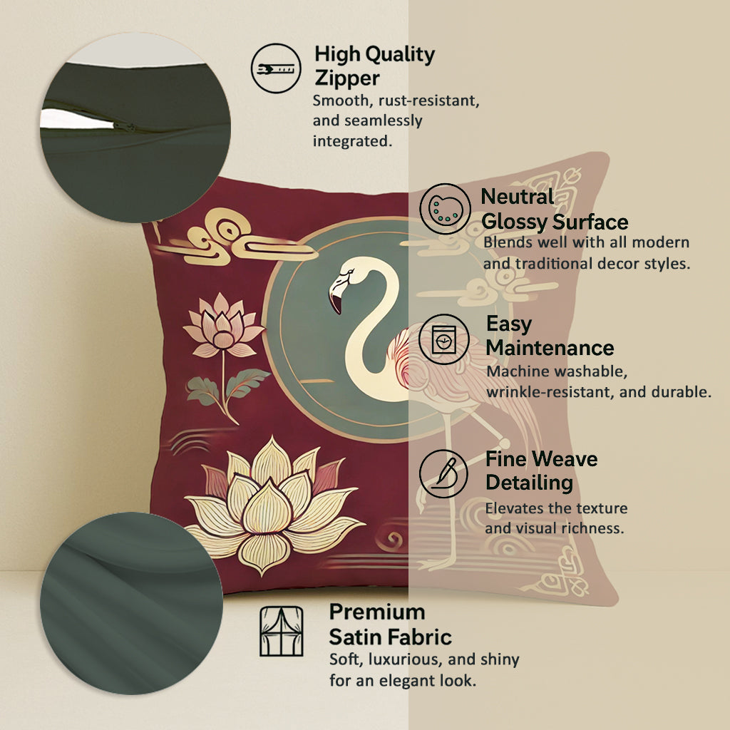 Satin Oriental Flamingo & Lotus Print in Maroon and Gold Cushion Covers | 24x24 Inches | Set of 2