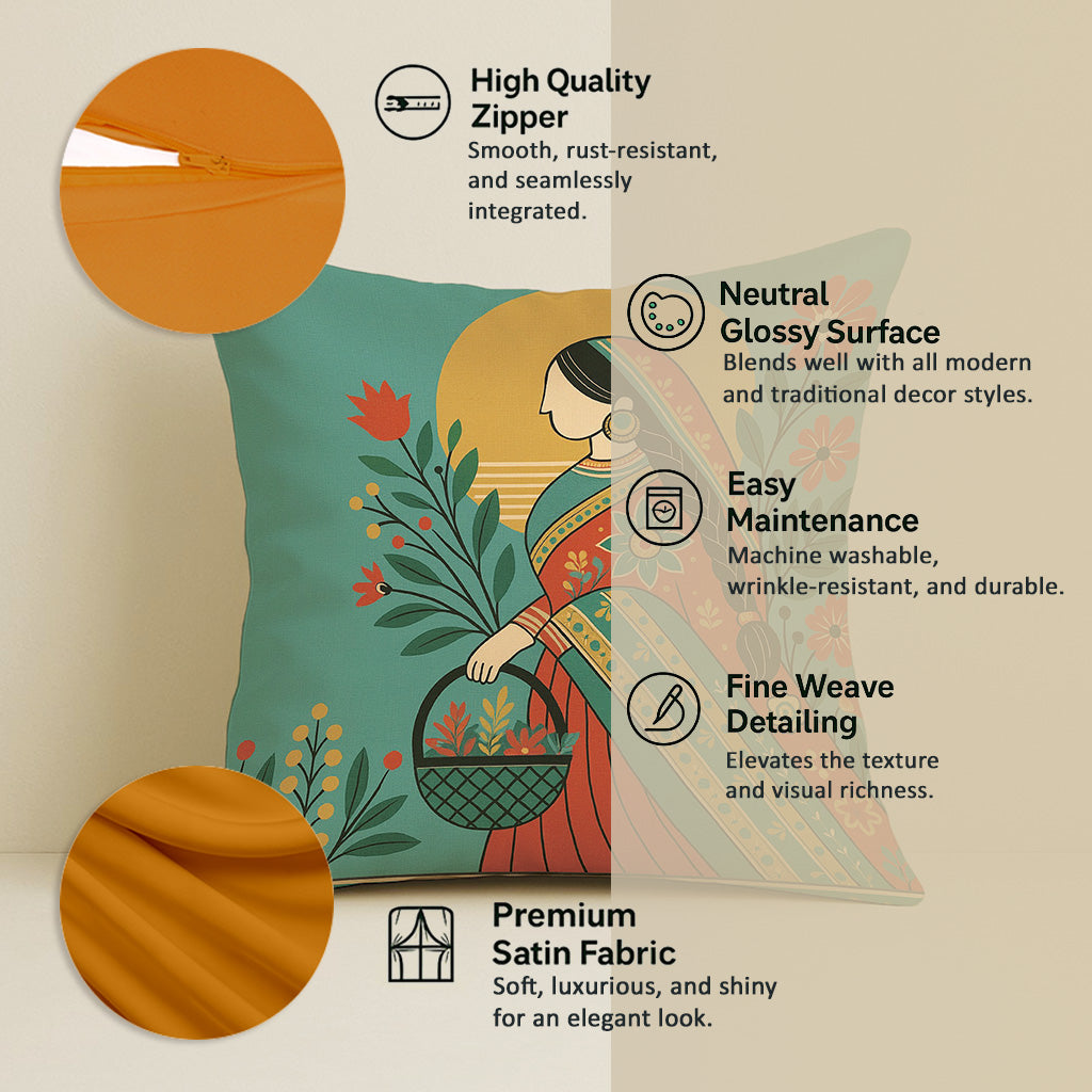 Satin Elegant Woman in Saree with Basket & Flowers Cushion Covers | 24x24 Inches | Set of 2
