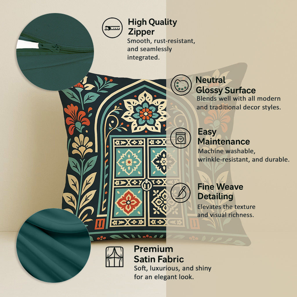 Satin Rajasthani Haveli Door & Floral Arch Design Cushion Covers| 16x16 Inches | Set of 5