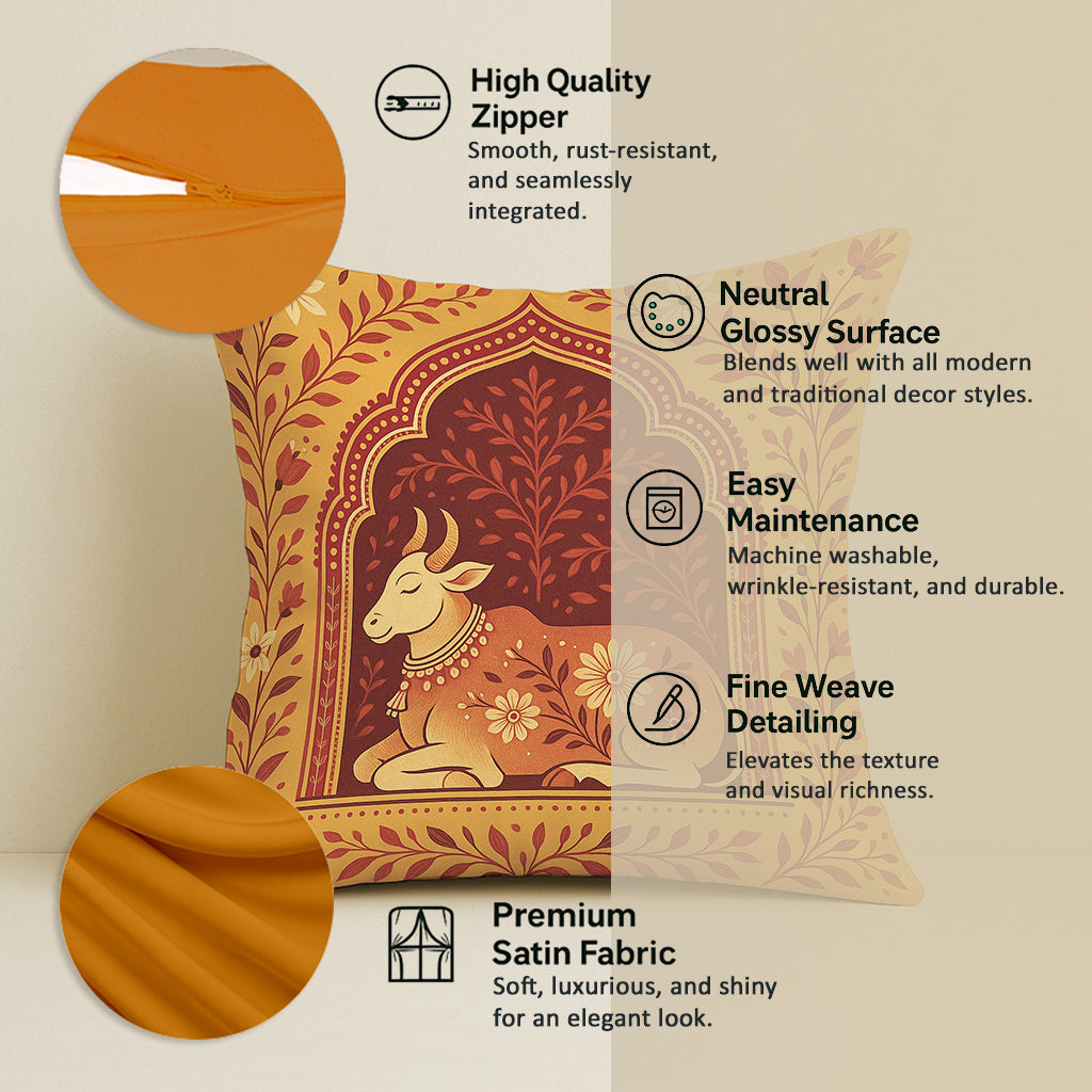 Satin Traditional Cow and Floral Design in Rajasthani Style Cushion Covers | 16x16 Inches | Set of 2