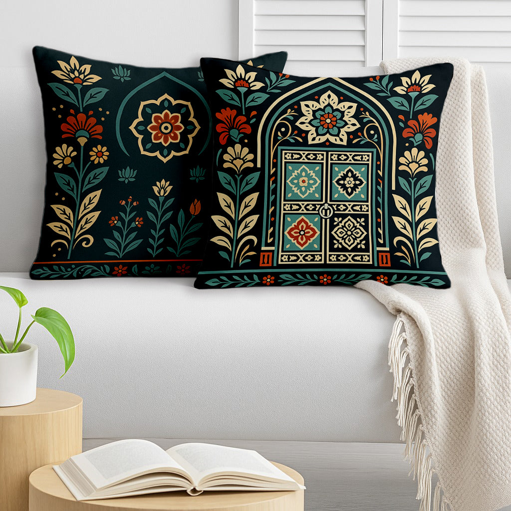 Satin Rajasthani Haveli Door & Floral Arch Design Cushion Covers| 16x16 Inches | Set of 2